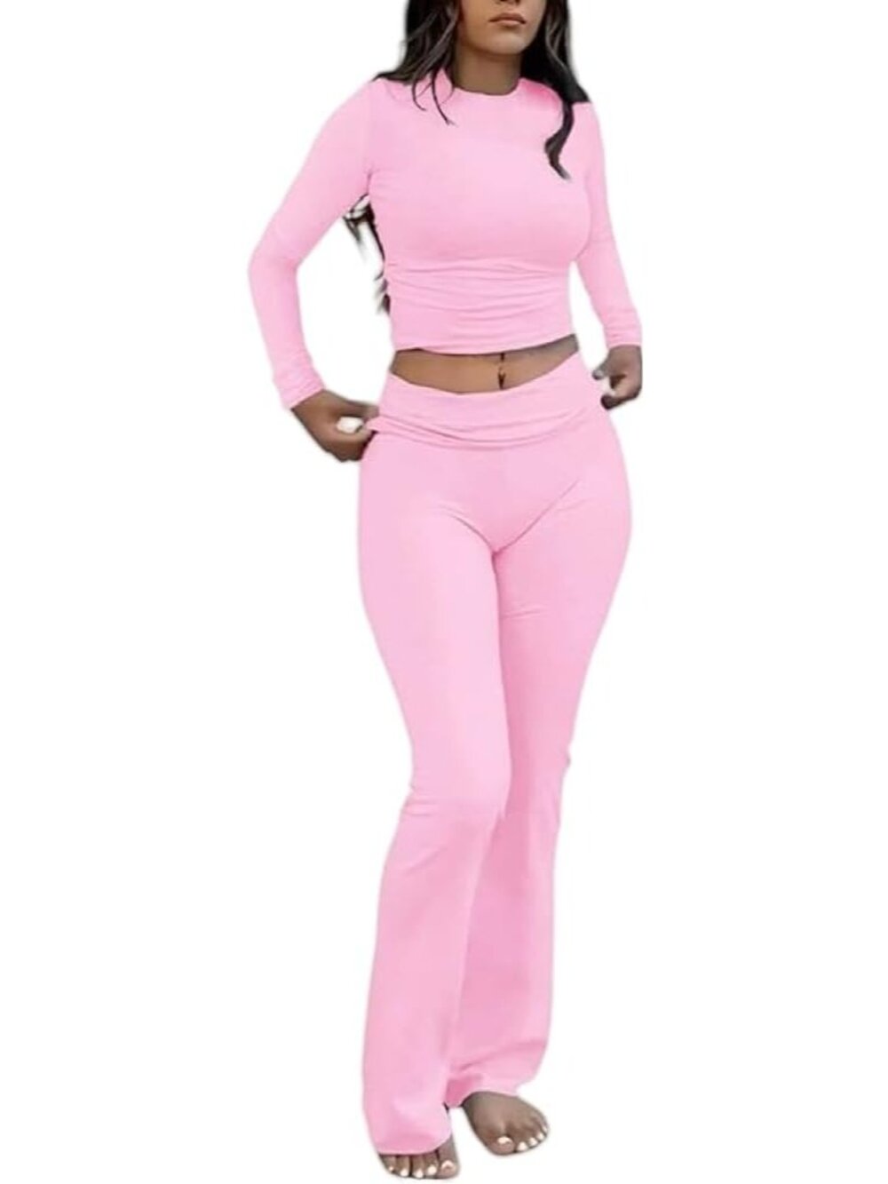 Women's Light Pink 2 Piece Outfits Long Sleeve Crew Neck T Shirt Pajama Sets